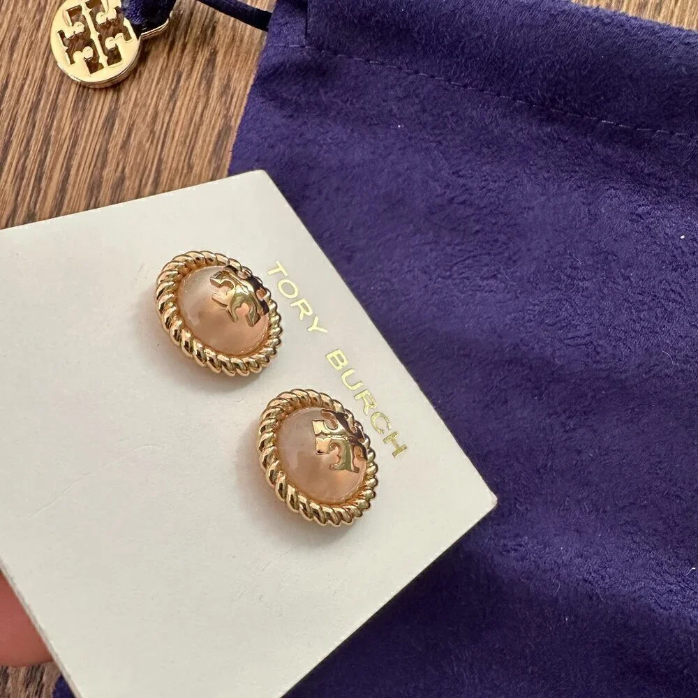 NEW！Tory Burch Roxanne Rope Circle-Stud Earrings -Mother Pearl or Pink Resin